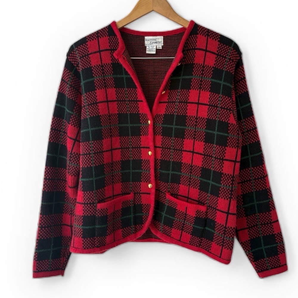 Hasting & Smith Red Black Plaid Cardigan Sweater Size Medium